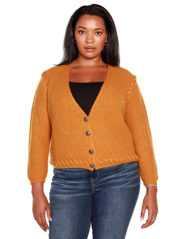 Front of a model wearing a size 1X Plus Size Button-Front Cardigan in Arrowwood by Belldini. | dia_product_style_image_id:319525